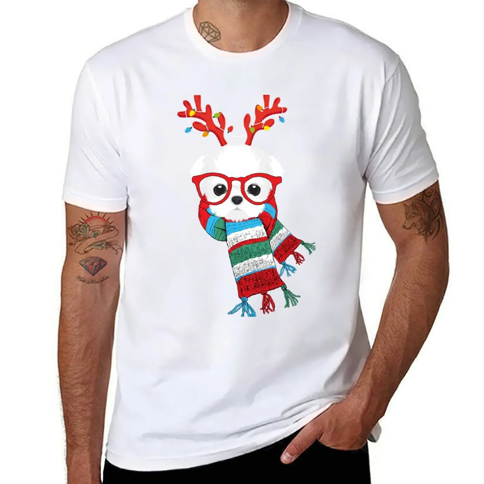 

Maltese Xmas Holidays Reindeer Christmas Lights T-Shirt t shirts for man cotton funny funny t shirts dark humor T-Shirt