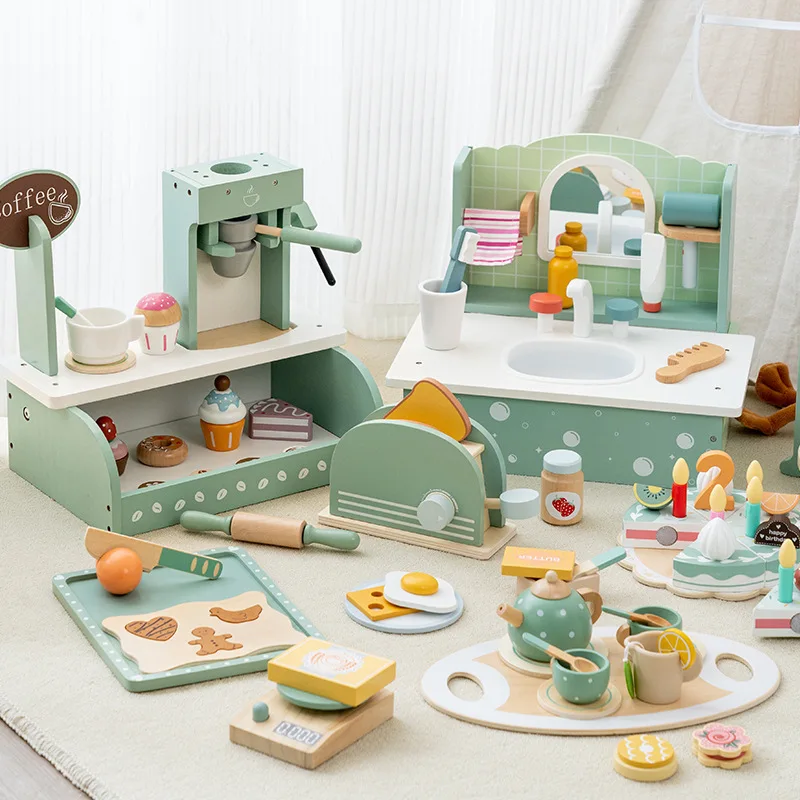 Jouets de cuisine en bois pour enfants, machine à café, service à thé, gâteau, crème glacée, jouets d'apprentissage, cadeaux pour filles et garçons