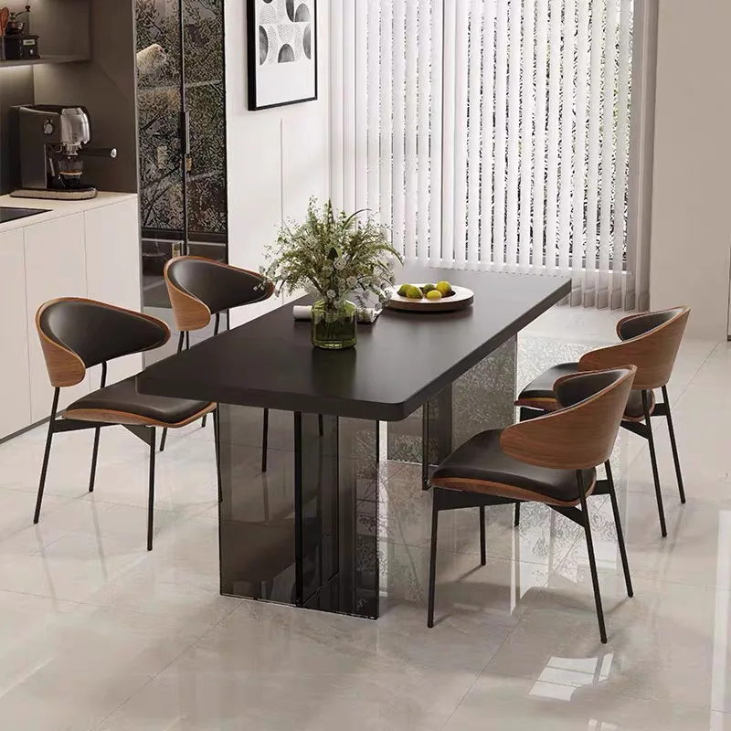 

Black acrylic rock slab dining table and chairs minimalist modern bottom hanging rock slab rectangular small apartment suspended