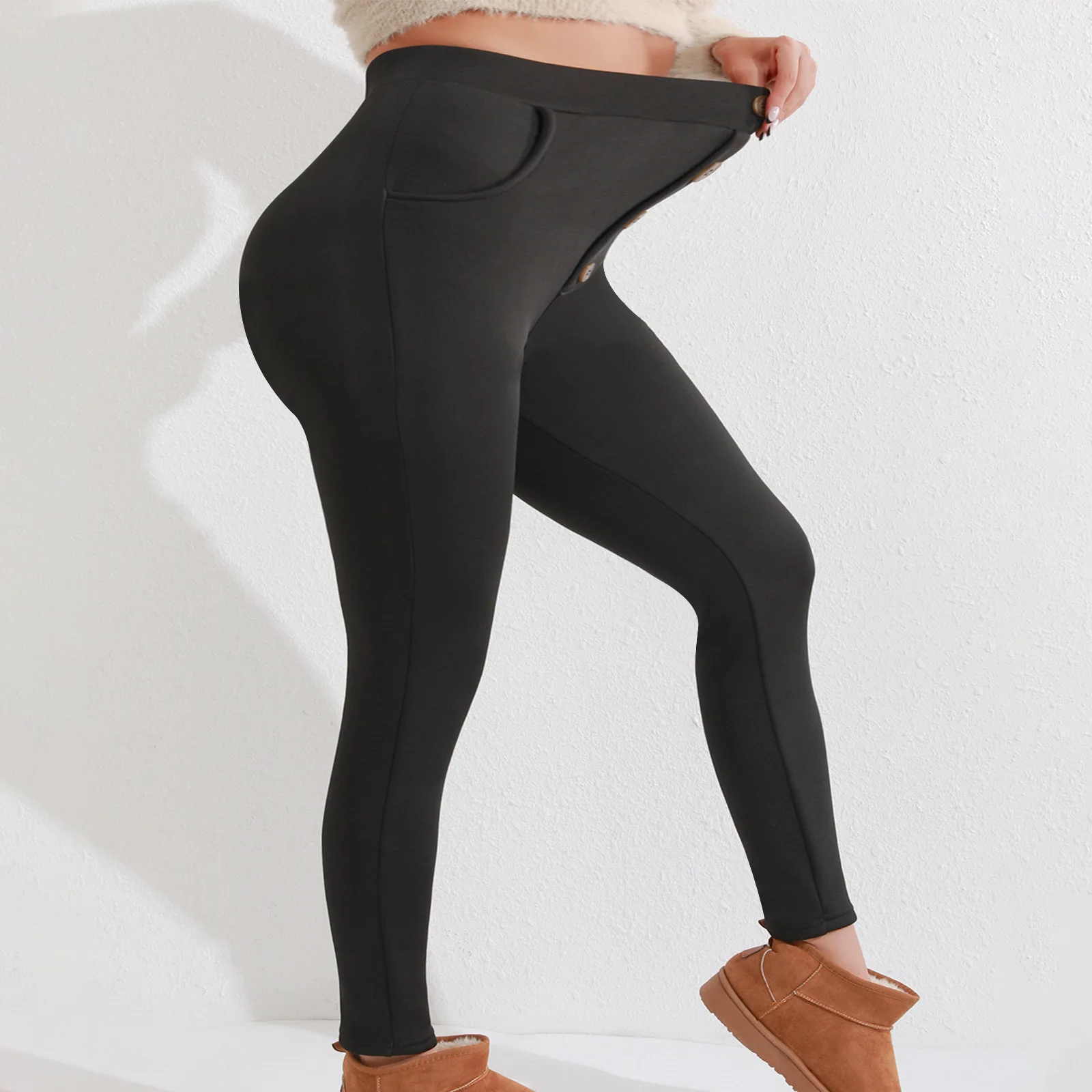 Temi Extra Large Size Fleece Lined Pencil Pants High Waist Slimming Women's Casual Trousers with Pockets High Waist Skirt Pants