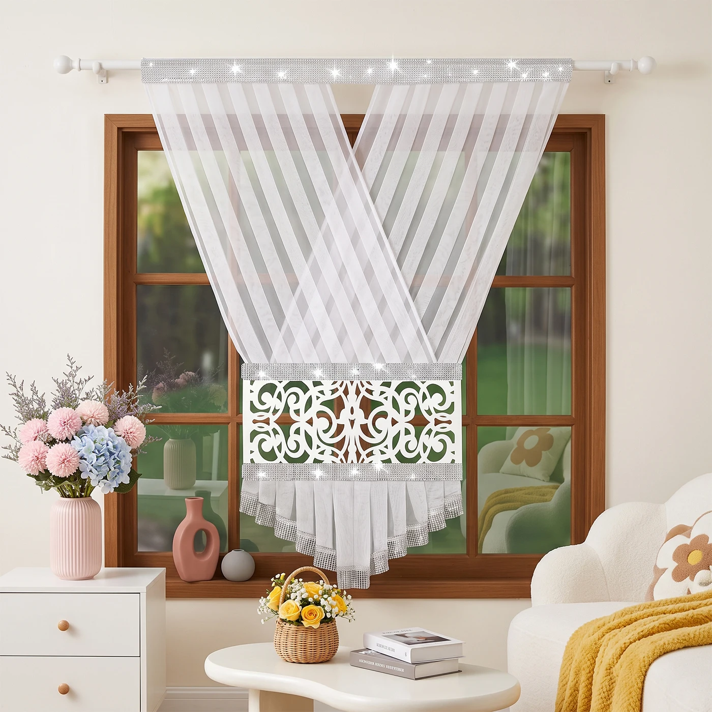 1 Stück moderner, hohl geschnittener, transparenter Vorhang, silberner Strassbesatz, lichtfilternder Fenstervorhang, für die Küche, schönes Einweihungsgeschenk