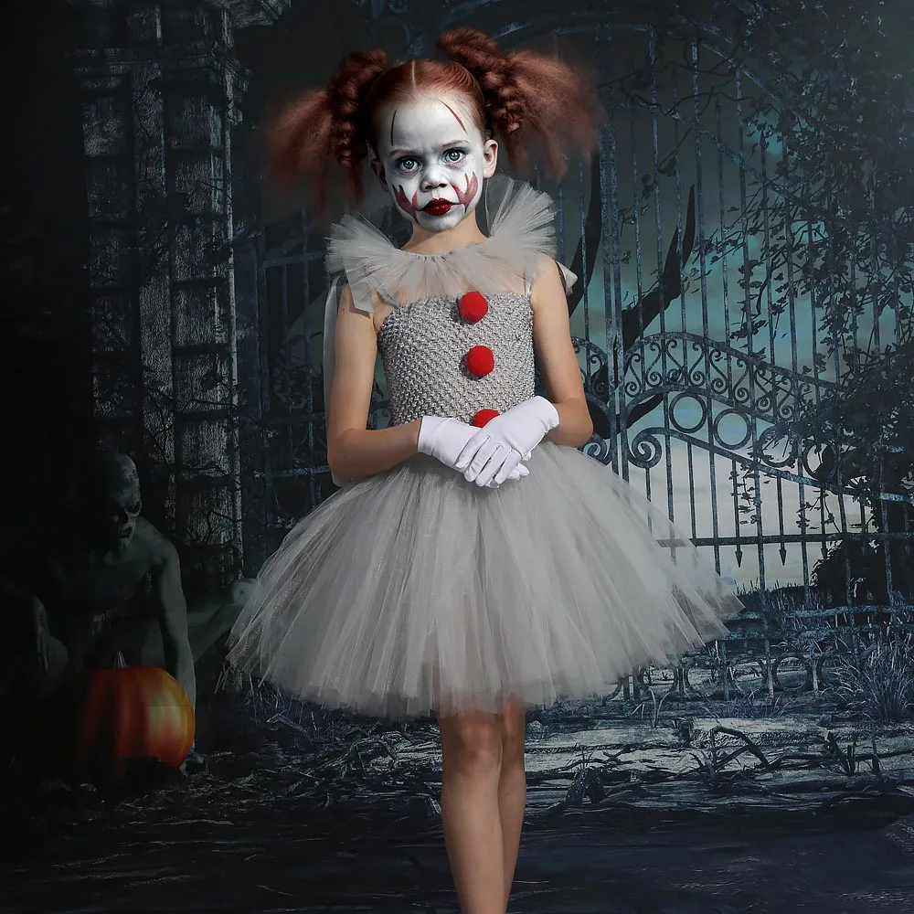 Joker Pennywise Girls Tutu Dress Kids Gray Creepy Clown Halloween Costume Cosplay Clothes Children Birthday Fancy Dresses