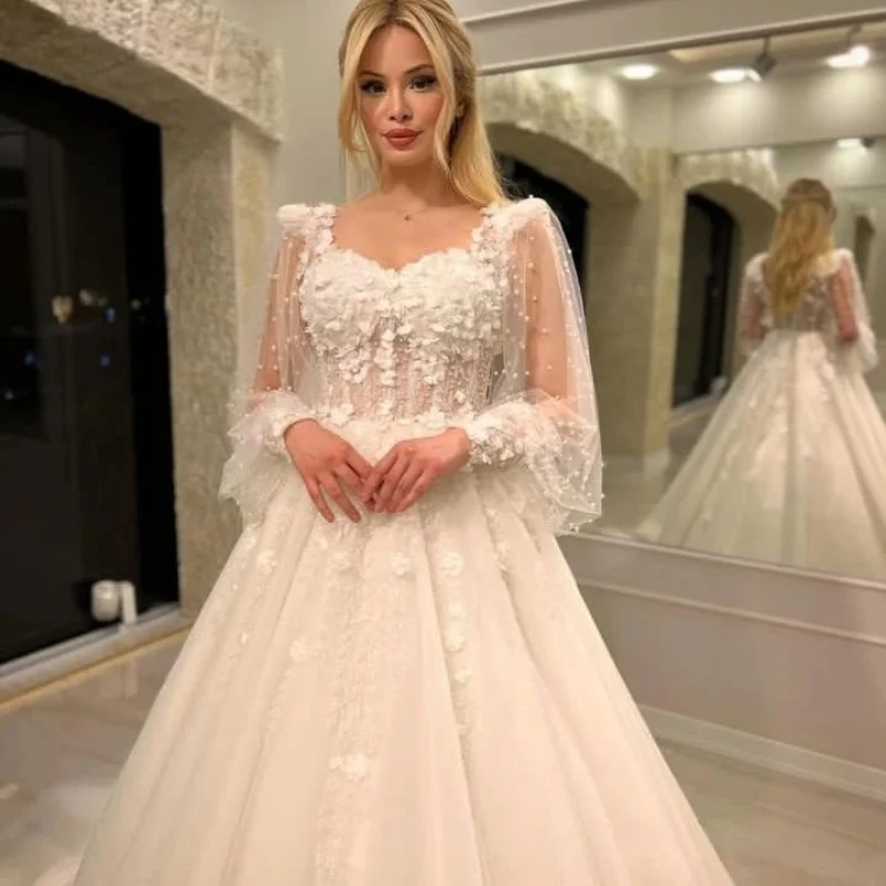 

Luxury Sweetheart Neck Long Sleeved A-Line Wedding Dress Delicate Appliques Lace Off the Shoulder Princess Bridal Gown vestidos