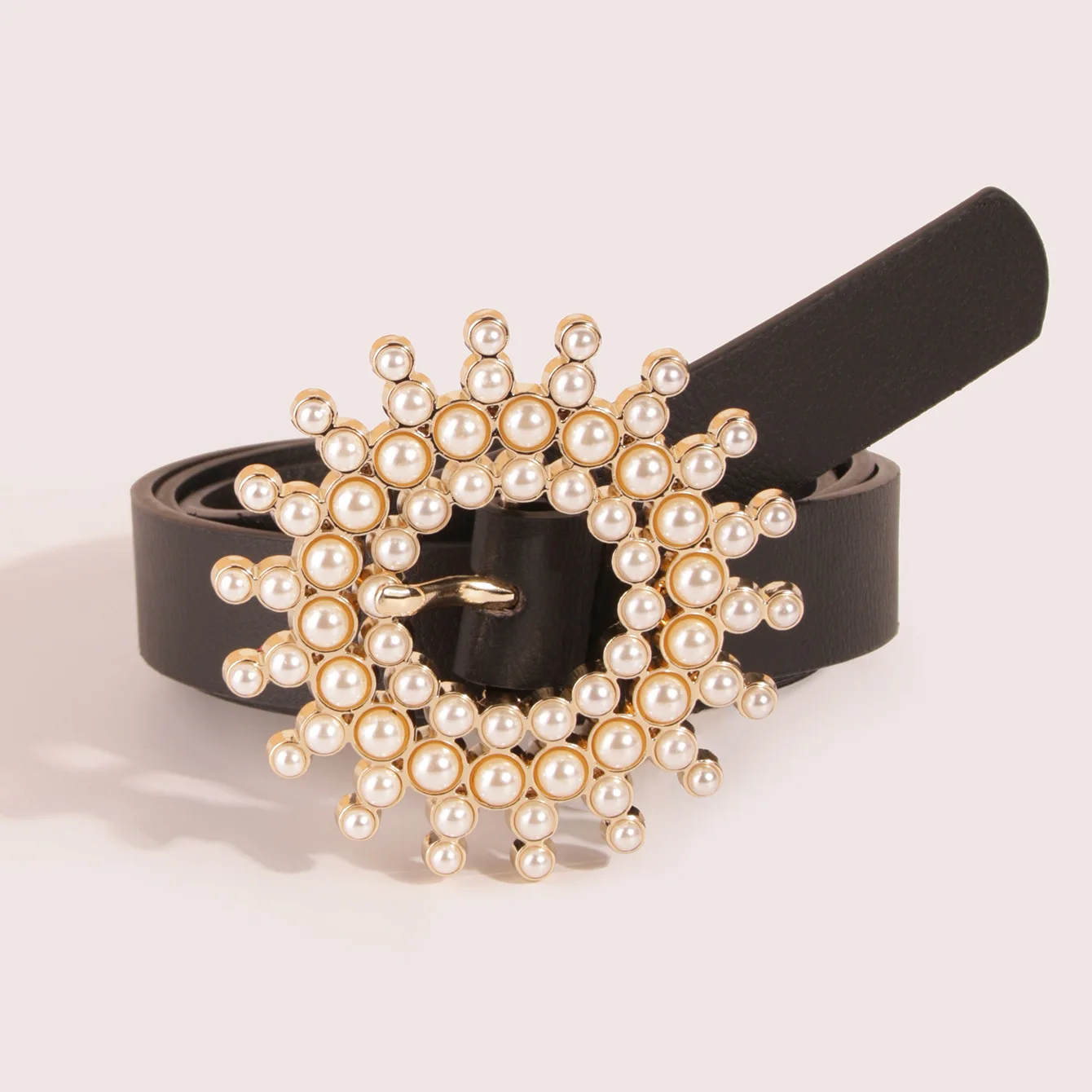 New Women's Sun Pearl Inlaid Buckle Black in Stock Belt Flower Button Cross-Border Elegant Women's Belt Factory Direct Sales