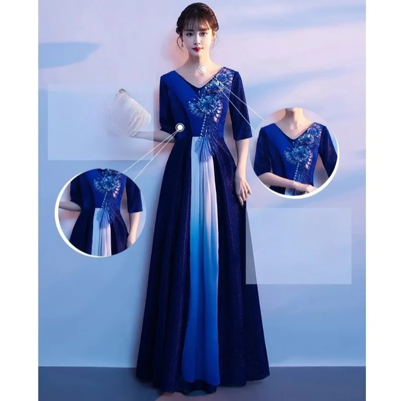 Robe de soirée élégante brodée pour femmes, col en v, à la mode, Slim, demi-manches, fermeture éclair au dos, robe longue à reflets, nouvelle collection 2026