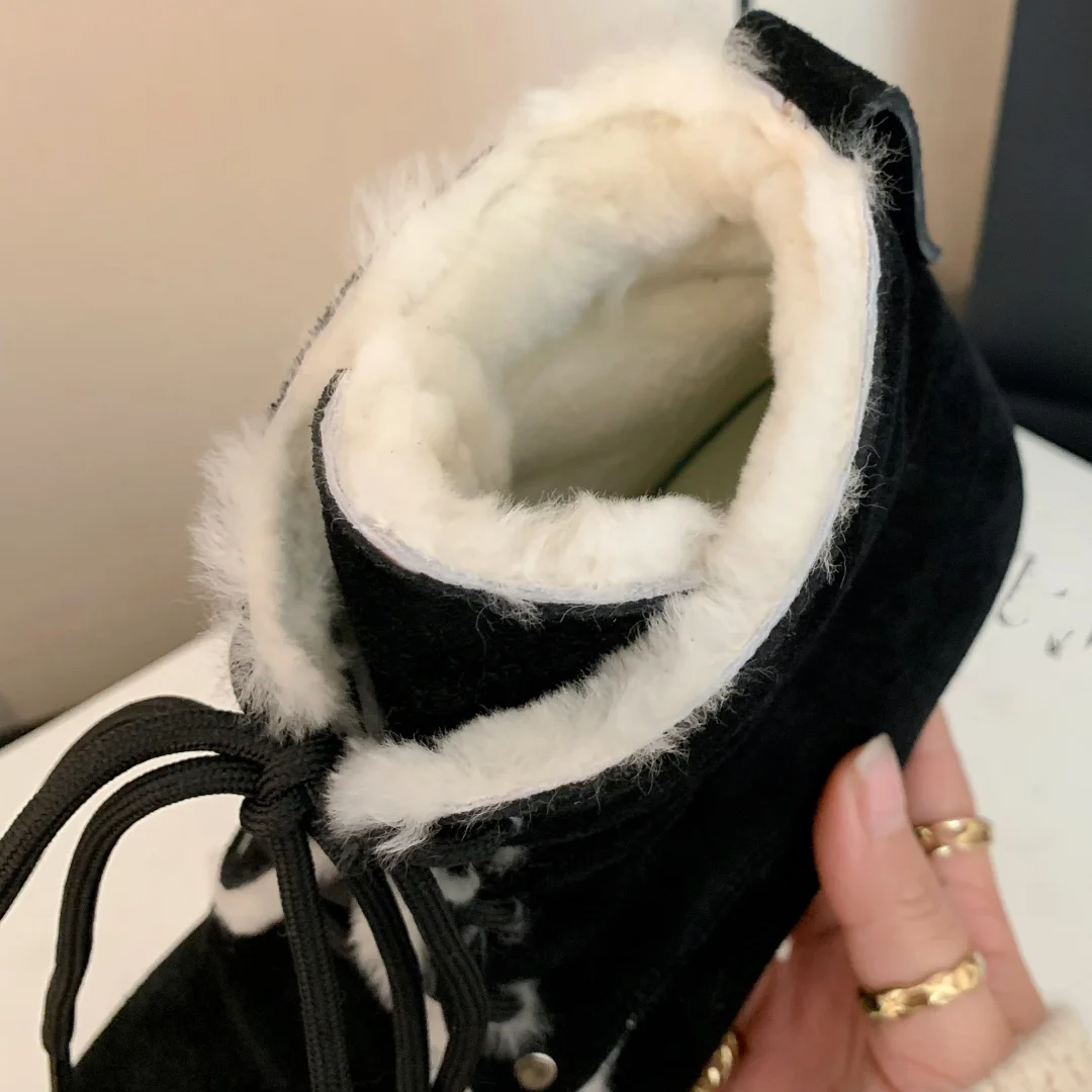 Women's natural suede leather wool inside lace-up flats winter ankle snow boots round toe casual female cold weather short boots image 6