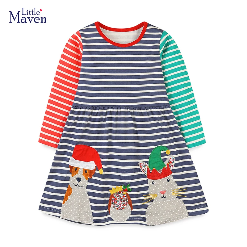 

Костюмы для маленьких девочек Little maven, детская одежда, осеннее детское платье с длинными рукавами и рождественскими животными из хлопка с героями мультфильмов