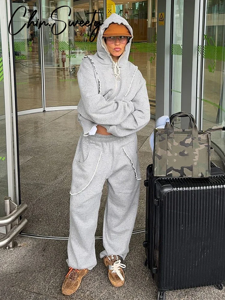 

Повседневные толстовки и брюки, женский комплект, элегантная куртка на молнии с длинными рукавами, широкие брюки, осень-зима 2024, городской женский наряд