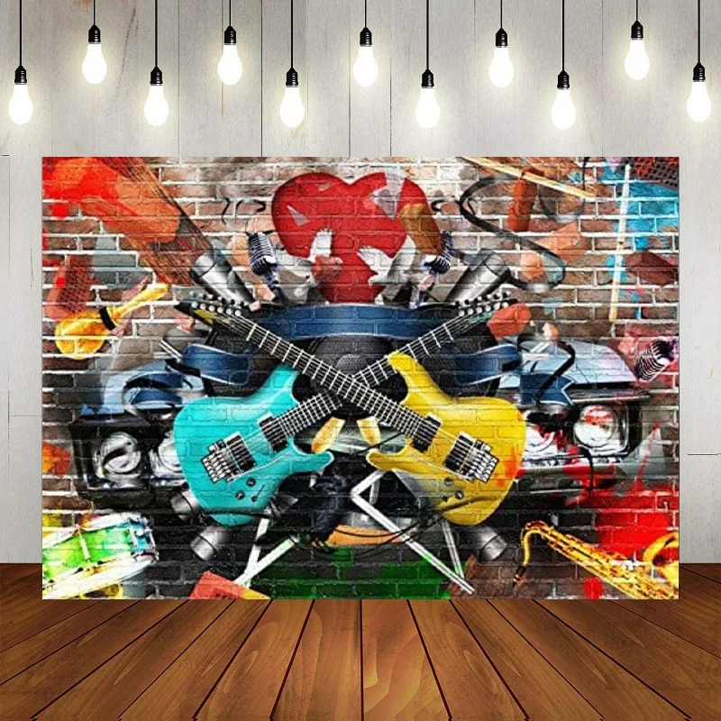 

Guitar Colorful Music Rock Style Brick Wall Backdrop Photography Background Party Banner Decoration Adult Portrait Booth