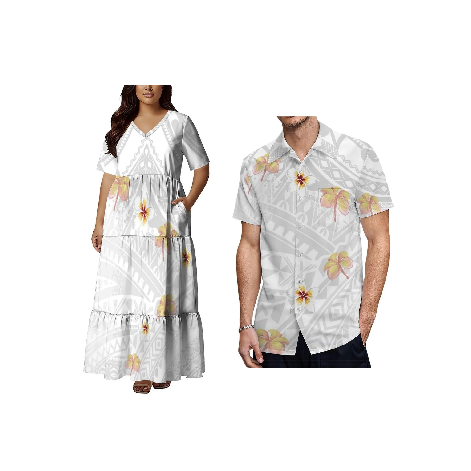 

Factory Outlet White Sunday Design Ladies High-Waist Lace-Up Oversize Dress Best Seling Polynesian Print Short Sleeve Dress