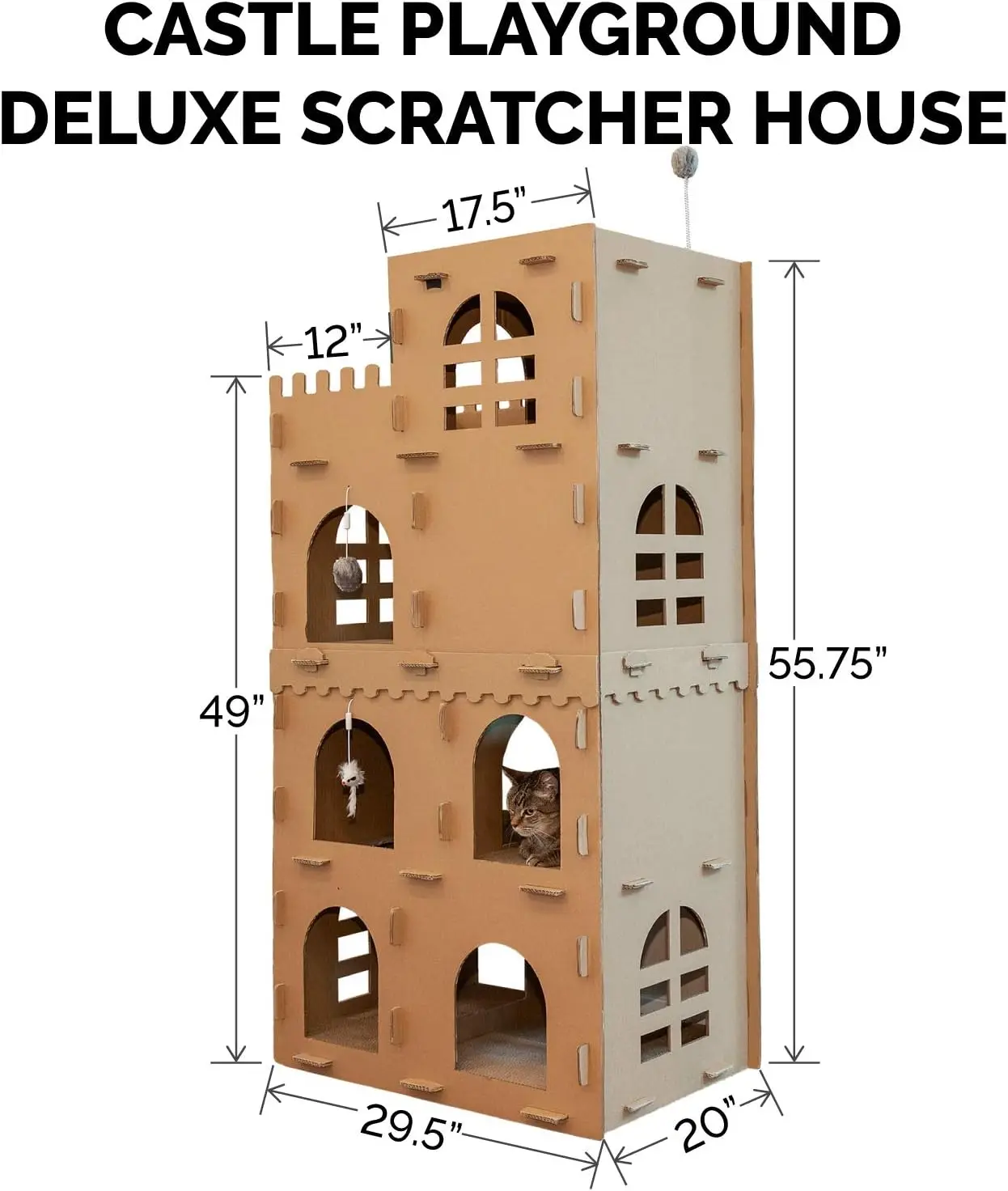 Multi-Level Cardboard Cat Condo w/ Catnip for Indoor Cats, Ft. Scratching Pads & Toys - High Castle Tower Corrugated Ca