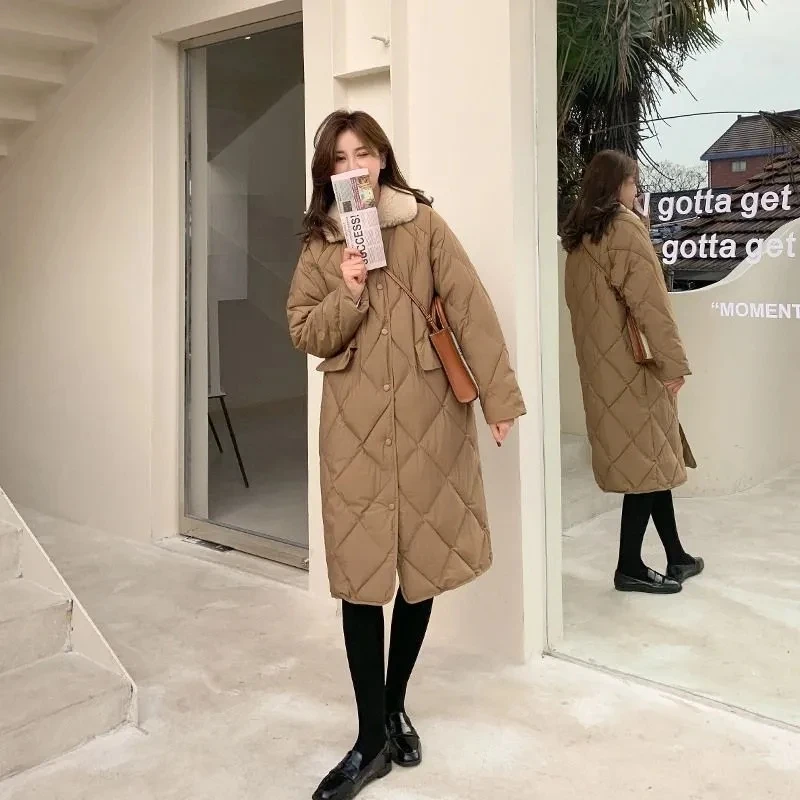 2023 Winter Lapel Long Down Coats Fleece Jacket Womans Korean Solid Color Loose Cardigan Casual Warm Thick Coats Women Clothing