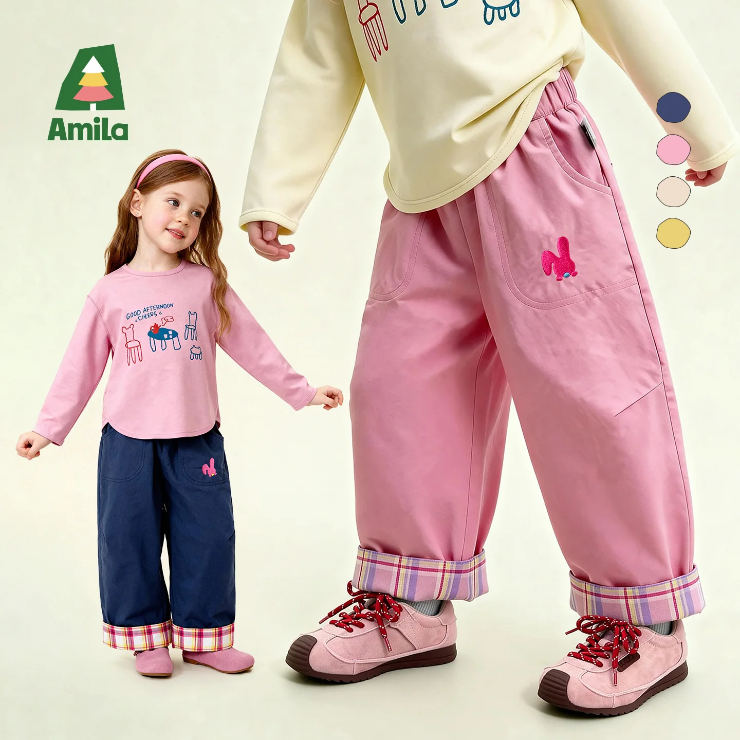 Amila Spring Children's Versatile Casual Pants With Elastic Waist, Grid Pattern And Flanging Design For Daily Comfort Wearing