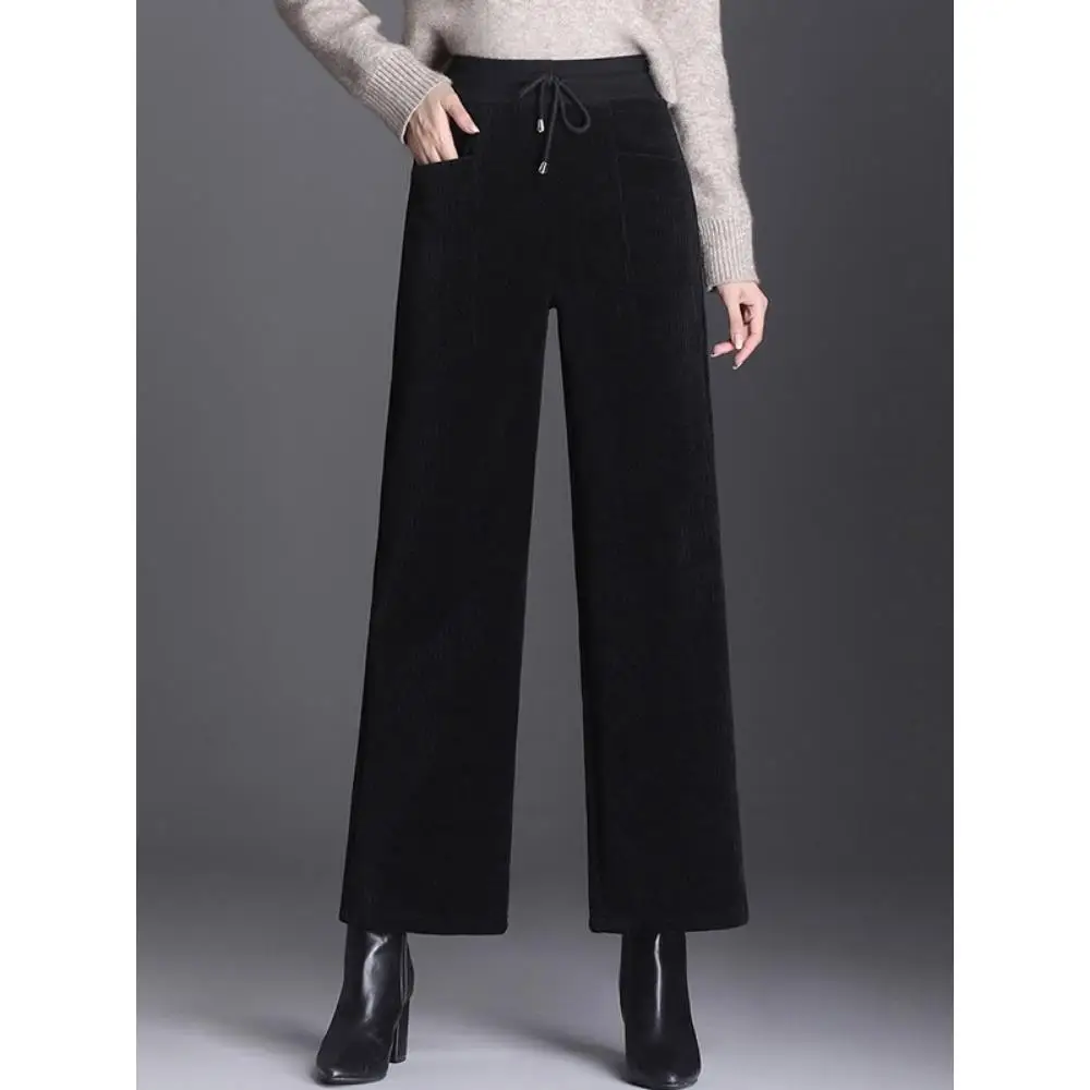 European coffee colored straight leg pants for women's autumn new high-end fashion plus size elastic waist casual wide leg pants