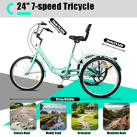 Adult Bicycle 24 Inch Foldable 3 Wheels 7 Gears Tricycle Bicycle Cruise Bikes with LED Light Cup Holder