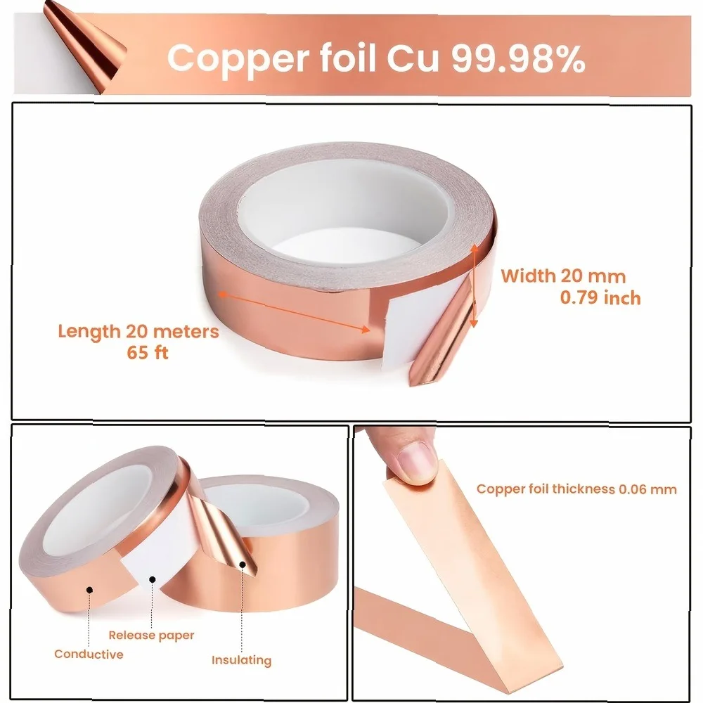 20mm X 20m Single-Sided Conductive Copper Foil Tape, Self-Adhesive Slug & Snail Barrier, Weather Resistant Humane Pest Control