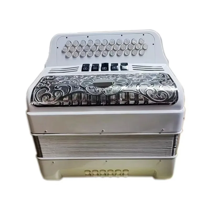 เครื่องดนตรีแอคคอร์เดียนไดอาโทนิก 34 ปุ่ม 12 เบส 5 รีจิสเตอร์ ตัวเครื่องสีขาวสว่าง ตะแกรงสีเงิน ปุ่มสีขาว รุ่น JB3412D