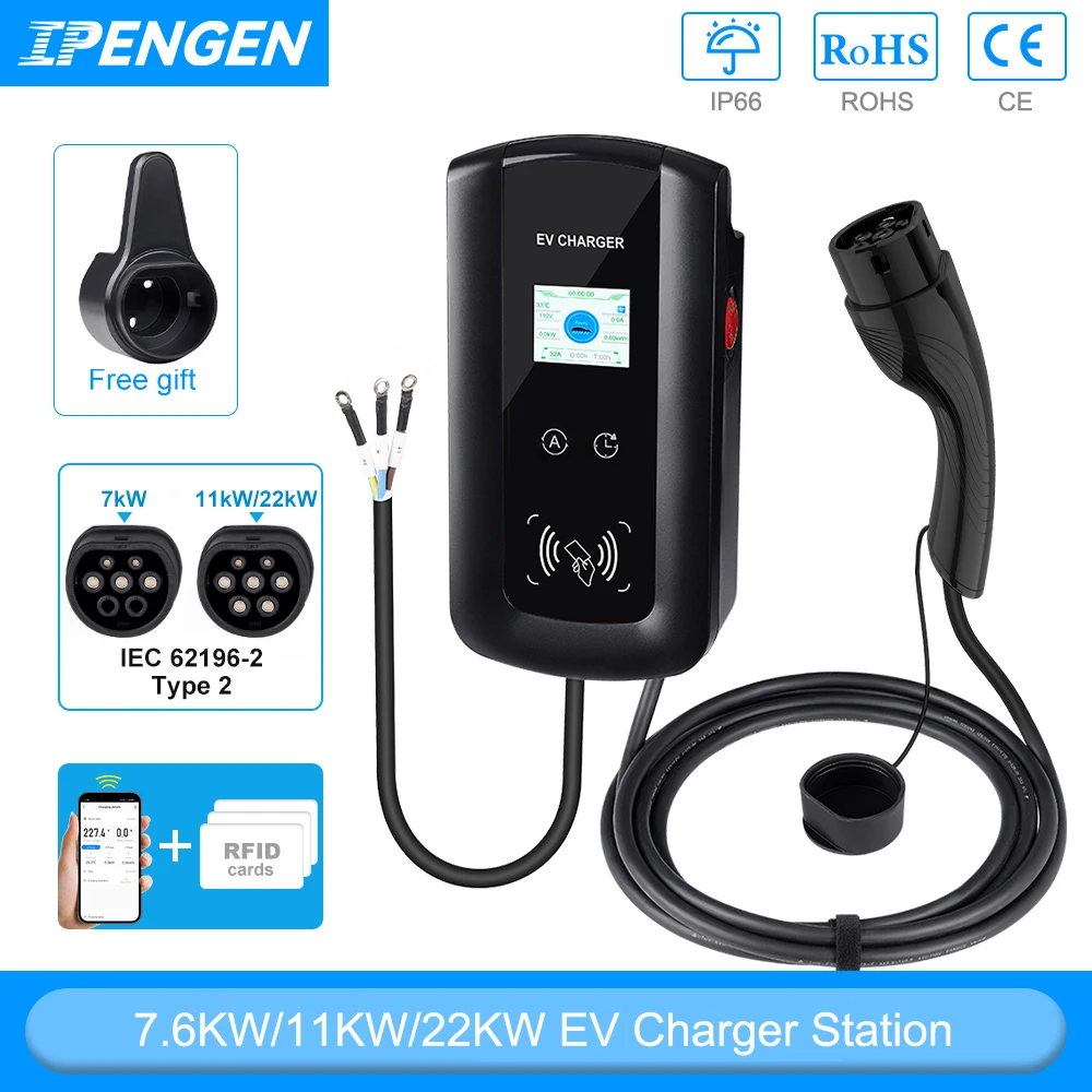 IPENGEN EV Charging Station 32A Electric Vehicle Car Charger EVSE Wallbox Wallmount 7.6/11/22KW Type2 Cable IEC62196 APP Control