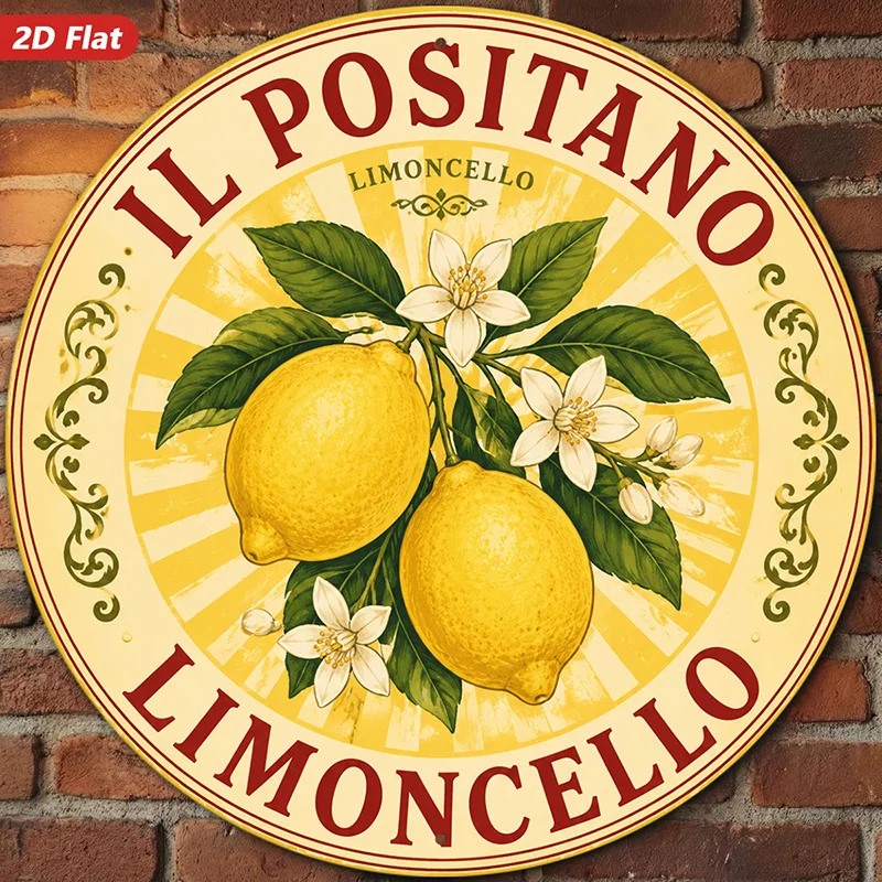 2D Flat, 1pc Lemon Botanical Round Metal Sign Wall Art, Ideal for Office Dining Room Workspace, Positano Limoncello Text, Home D