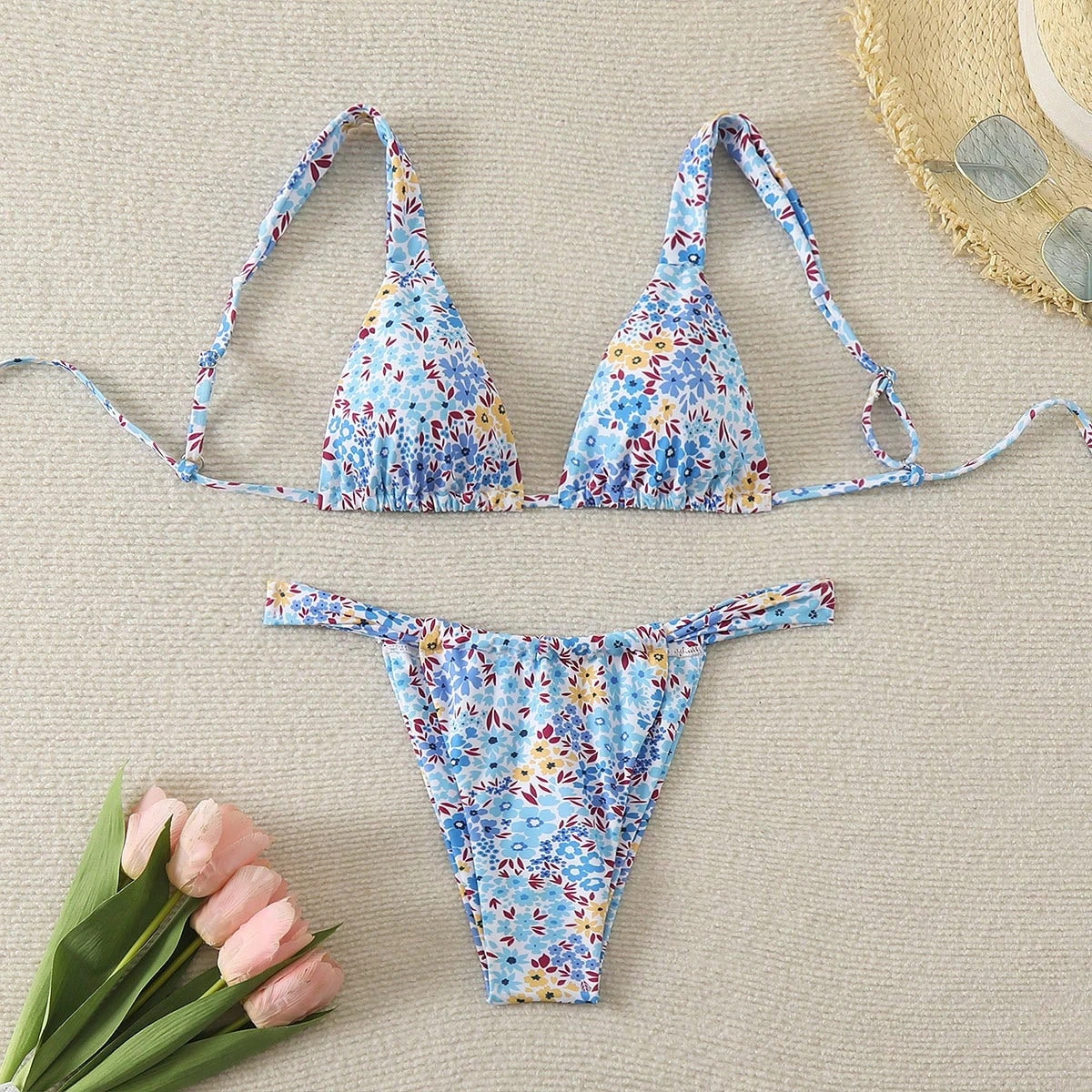 new European and American sexy printed split swimsuit lace-up halterneck triangle bikini female floral babes
