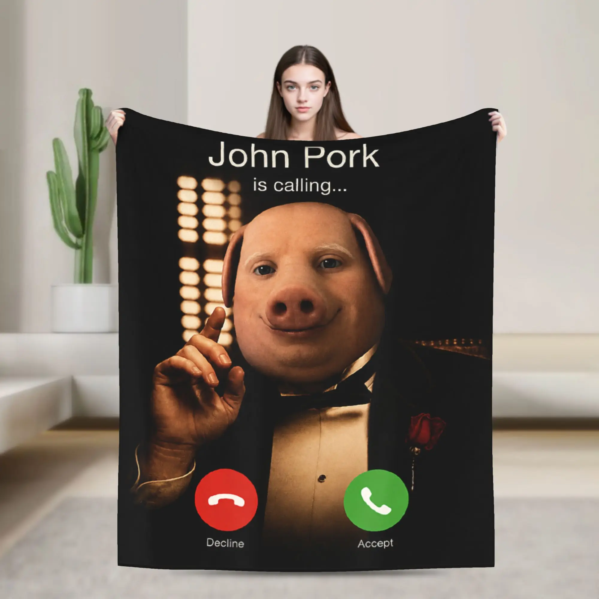 John Pork is Calling Funny Italian Mafia Boss Memes Brainrot Blanket Girls  Flannel Throw Blanket For Outdoor Soft Bedspread