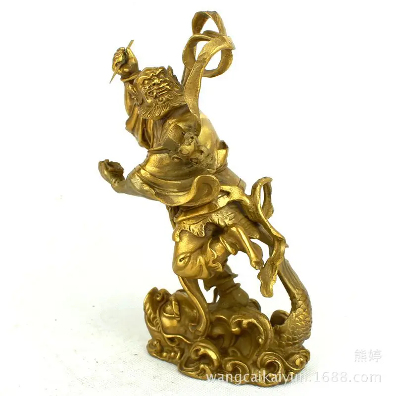 Brass Kui Xing figurine, a single Kui Xing standing on a turtle, kicking a mortar, for home or study decoration