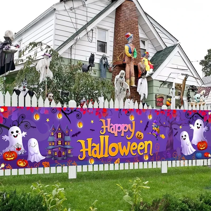 Happy Halloween Banner 200cm Long Hanging Halloween Banner with Pumpkin Ghost Terror Theme Party Decor for Yard Indoor Outdoor