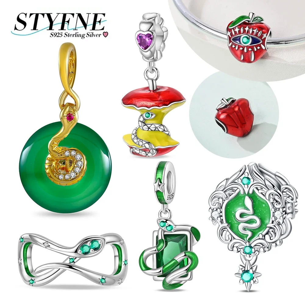 

2025 Silver 925 Red Apple Green Spirit Snake Charms Green Zircon Beads Fit Original Bracelets DIY Jewelry for Women Party Gift