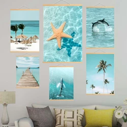 Scroll Paintings Wood Haning Blue Ocean Beach Scenery Picture Bird Bridge Parasite Whale Dolphin Art Poster Restaurant Mall Deco