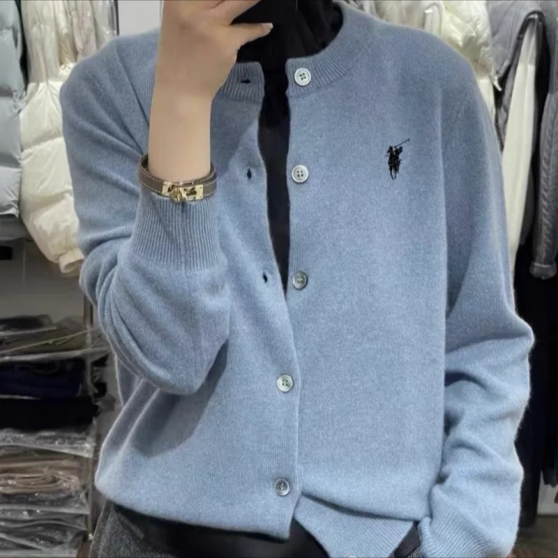 

2025 женский осенне-зимний популярный кашемировый кардиган с вышивкой, повседневный модный кардиган, элегантный кашемировый кардиган с круглым вырезом и длинными рукавами