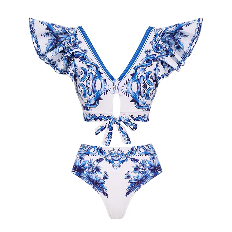 Maillot de bain une pièce imprimé majolique avec nœud décoratif, bikini sexy, maillot de bain push-up