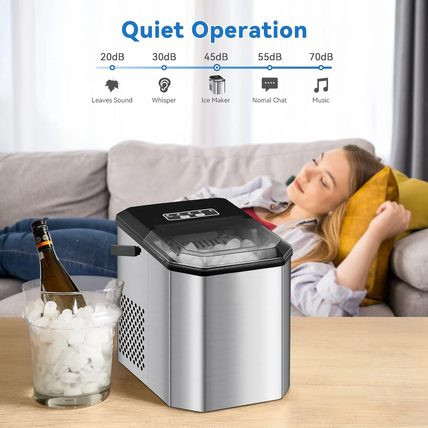Quiet Design 45lb Ice Maker Countertop with Ice Scoop, Self-Cleaning Ice Machine Producing 10,000pcs/26Lbs/Day for Kitchen Use