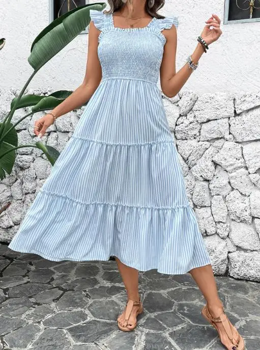 

2025 Backless Dress Summer Women's Vacation Striped Ruffle Edge Suspender Dress