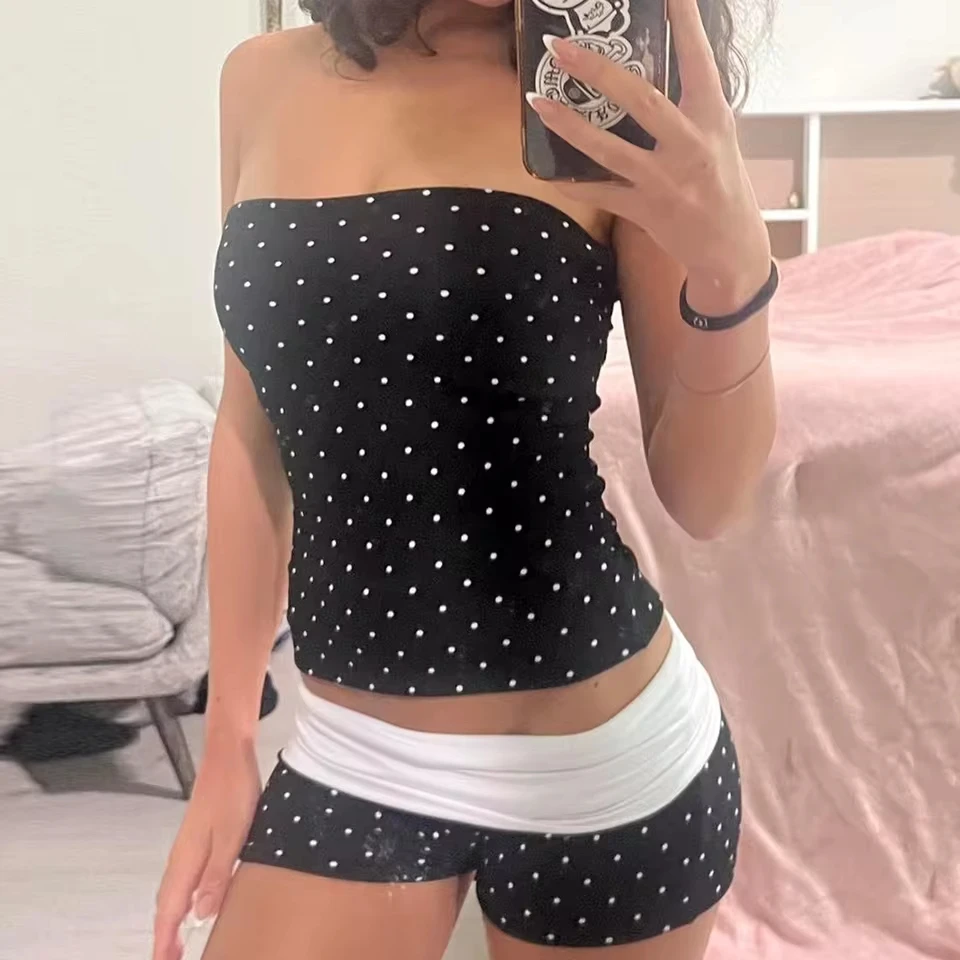 Polka Dot Printing Splicing Contrasting Color Chest-wrapped Shorts Two-piece Set Thin Casual Sports Suit