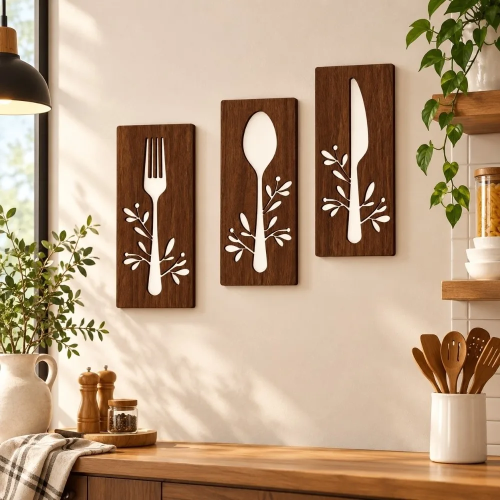 3pcs Fork Kitchen Utensil Wooden Ornament Hollow Out Spoon Wall Sticker Hangings Rustic Style Decorative Creative Wall Art