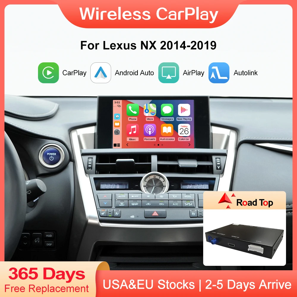 Road Top Wireless CarPlay Decoder for Lexus NX 2014-2019 with Android Auto Mirror Link AirPlay Rear Camera Car Play Functions