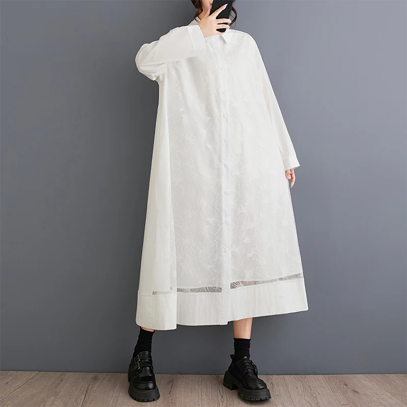 

Harajuku Ретро Черное сетчатое платье-рубашка с длинными рукавами Женское свободное платье миди с прямым подолом Весна-Осень Офисное повседневное платье оверсайз