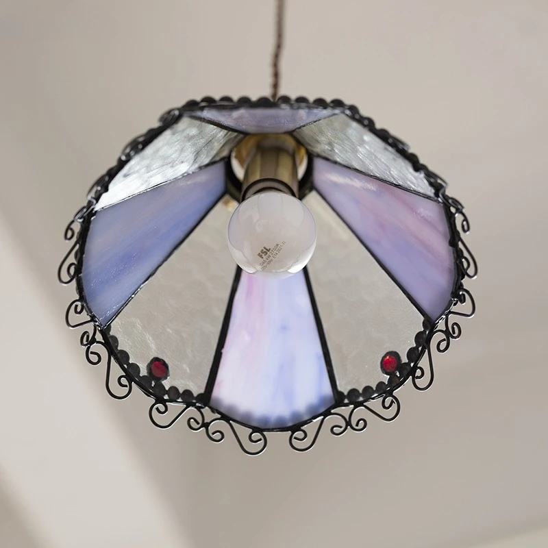 French Retro Manual Welding Taper Colorful Glass Pendant Light Black Wrought Iron Lace Chandelier Living Room Hotel Hanging Lamp