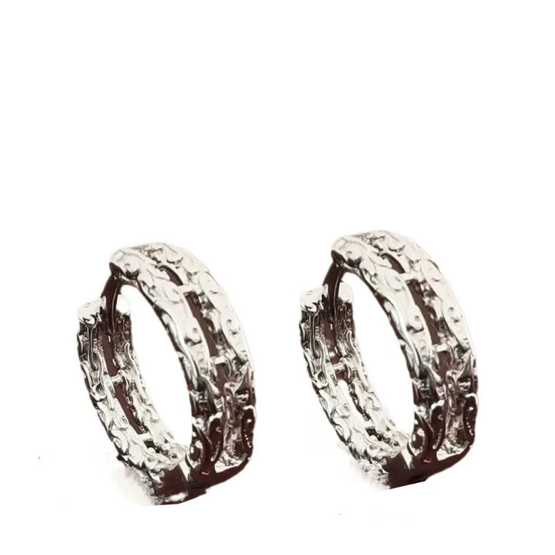 Geometric Lines Double-layer Earrings Men\'s Trendy Personality Irregular Texture 925 Silver Ear Buckle Wave Moire Black Ear Ring