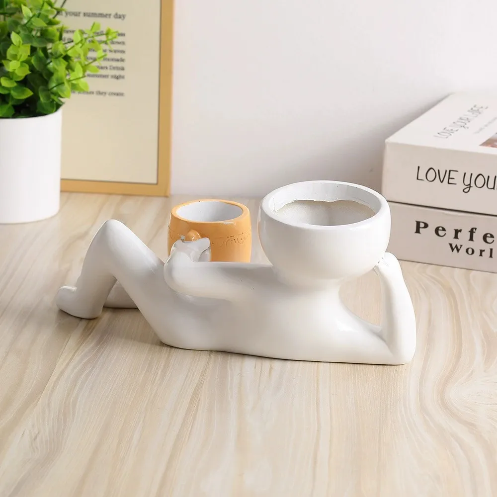 Funny Succulent Plant Pot Resin Relaxing Person Holding Pot Planter With Drainage Hole Desktop Flower Pot Home Office Decoration