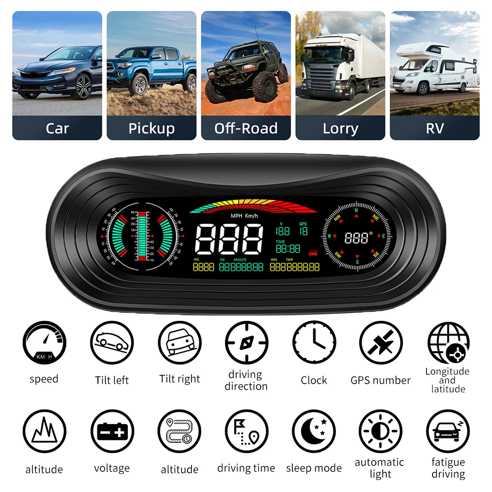 Newest P18 Head Up Display Car GPS Slope Meter Multiple Inclinometro 4x4 Smart Car HUD Digital Odometer Gauge Easy Installation