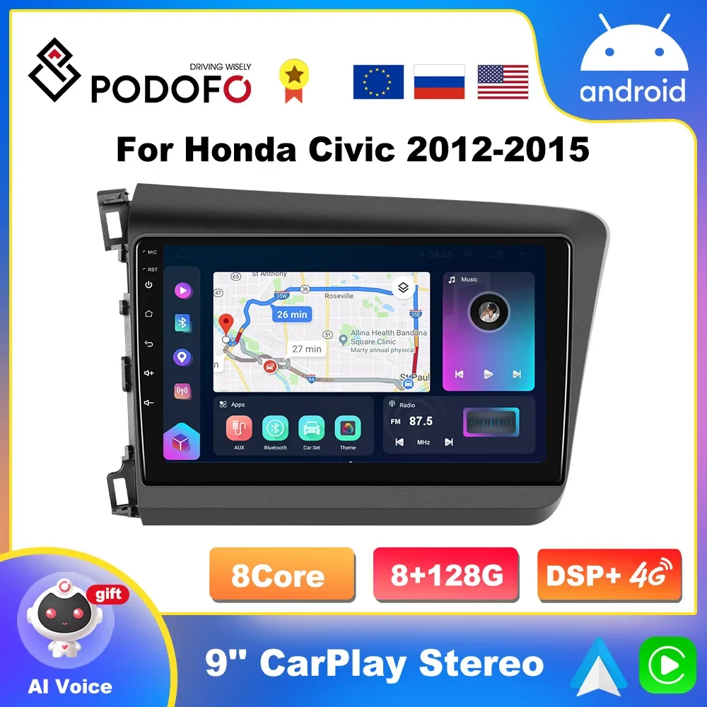 

Podofo 4G CarPlay 2din Android Car Radio For Honda Civic 2012-2015 Multimedia Video Player GPS Navigation HiFi Stereo Head Unit