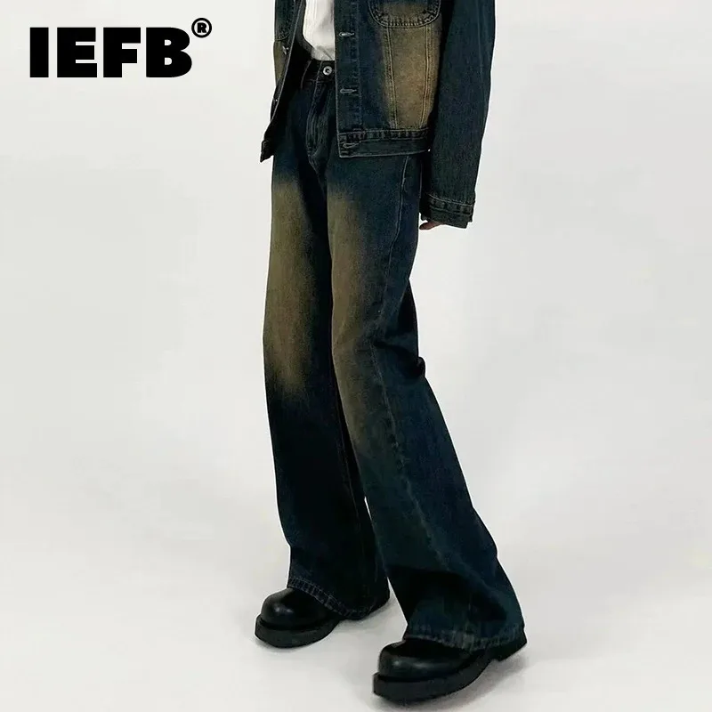 IEFB Washed Men's Jeans High Street Distressed Straight Leg Loose Casual Solid Color Versatile Boot Cut Male Denim Pants 9W189