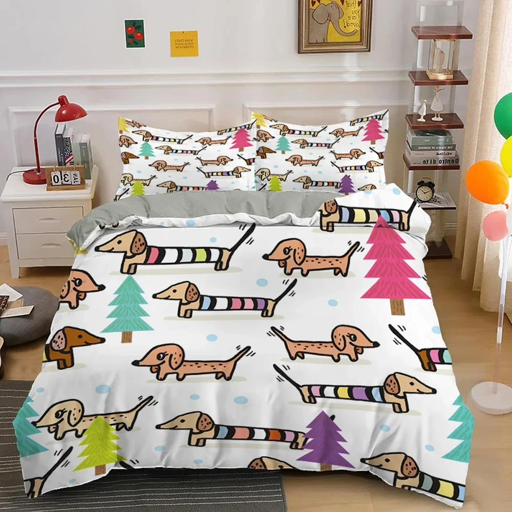 Funny Dachshund Duvet Cover Full King Size Sausage Dog Bedding Set Cartoon Pet Puppy Comforter Cover Kawaii Animal Bedclothes
