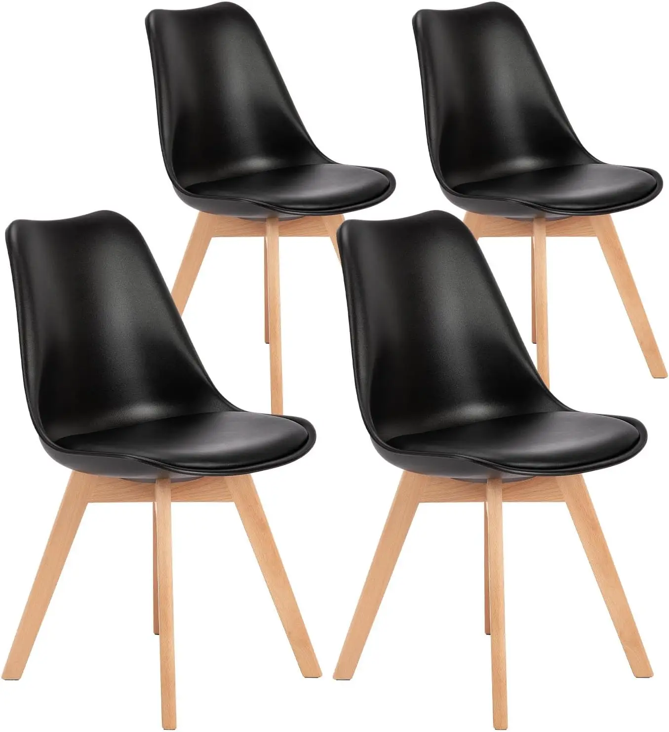 

Set of 4 Modern Dining Chairs with Wood Legs and PU Leather Cushion, Black for Living Room or Outdoor