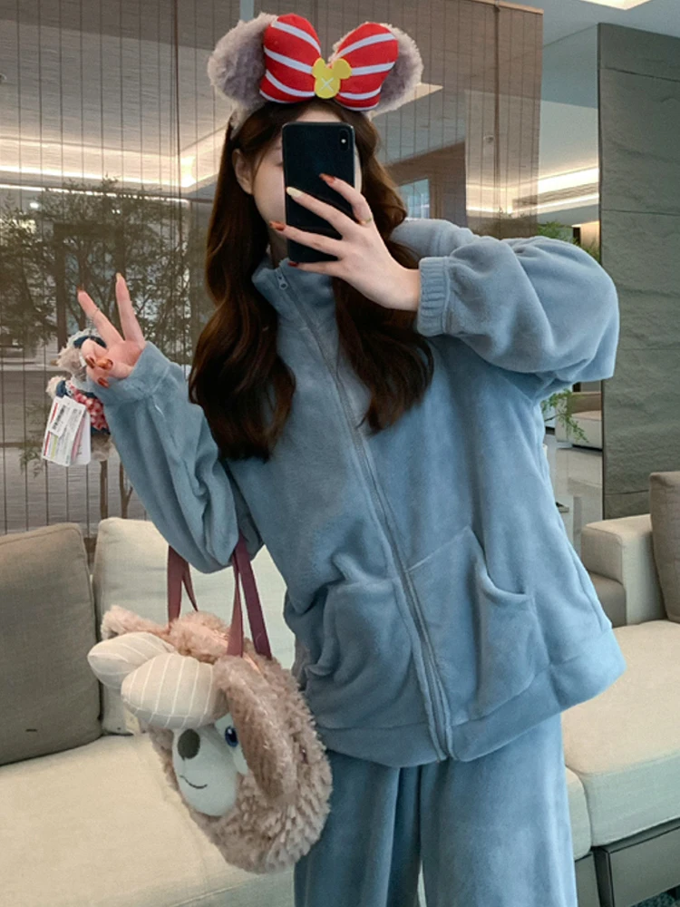 Winter Sleepwear Women Coral Fleece Thickening Pajama Sets Sweety Vintage Suit Solid Color 2 Piece Night Wears Home Clothes