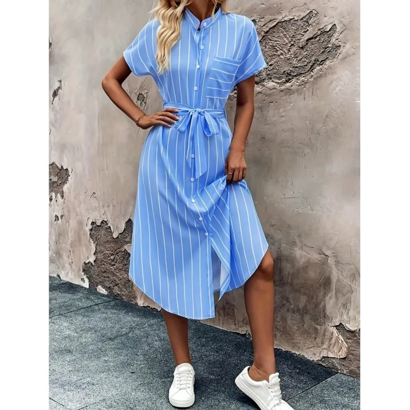 Abito camicia con stampa a righe blu Nuove maniche rotanti casual con tasca Abiti longuette divisi monopetto con lacci per le donne 2025