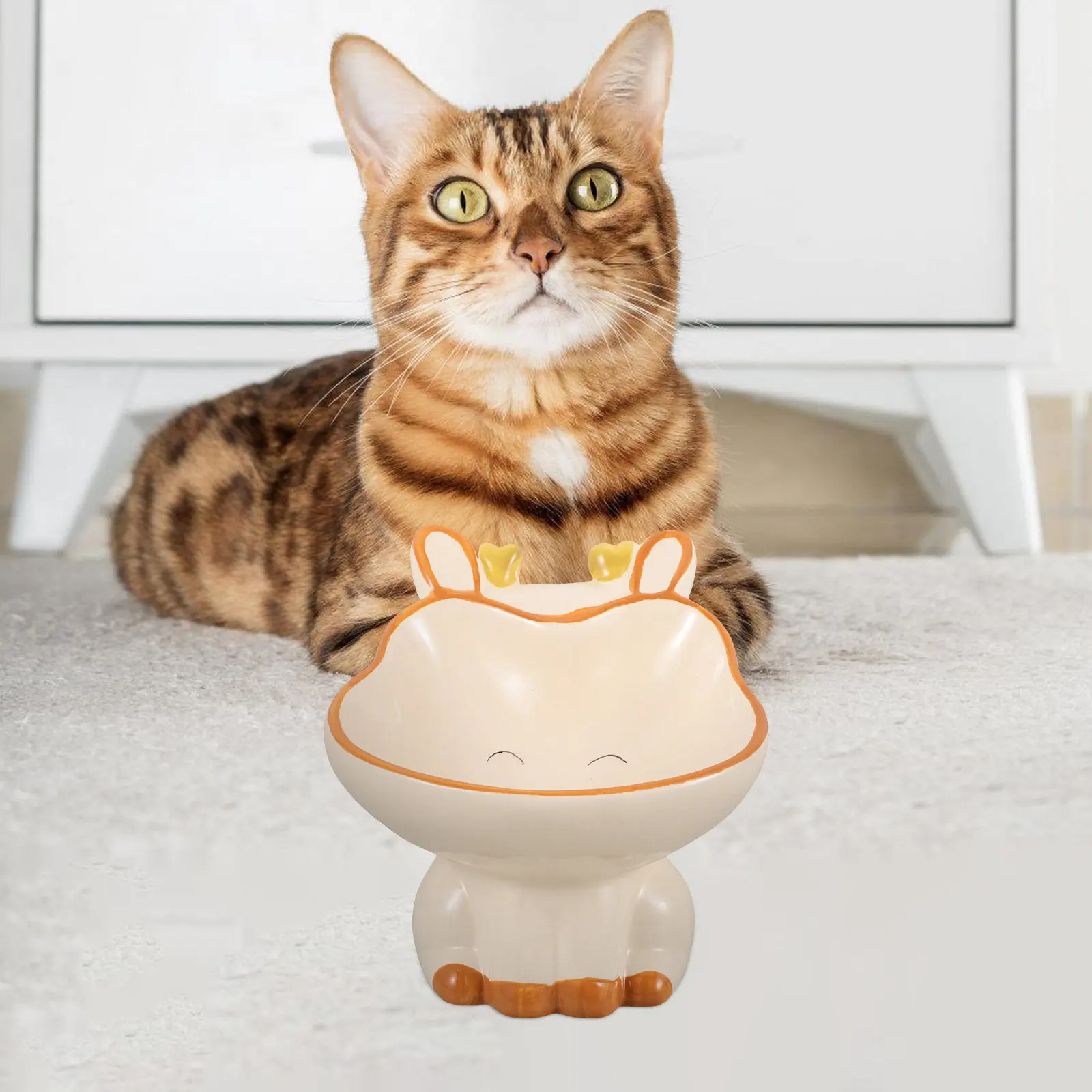 Tilted Raised Ceramic Cat Bowls for Indoor Cats Puppies Ergonomic Posture Support Improved Digestion Cute Cartoon Design Home