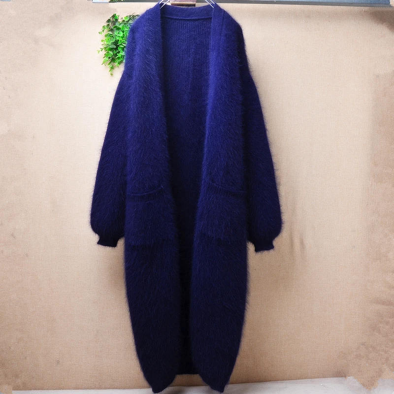 

Ladies Women Autumn Winter Clothing Thick Warm Blue Hairy Angora Rabbit Hair knitted Loose Long Sweater Cardigans Mantle Coat