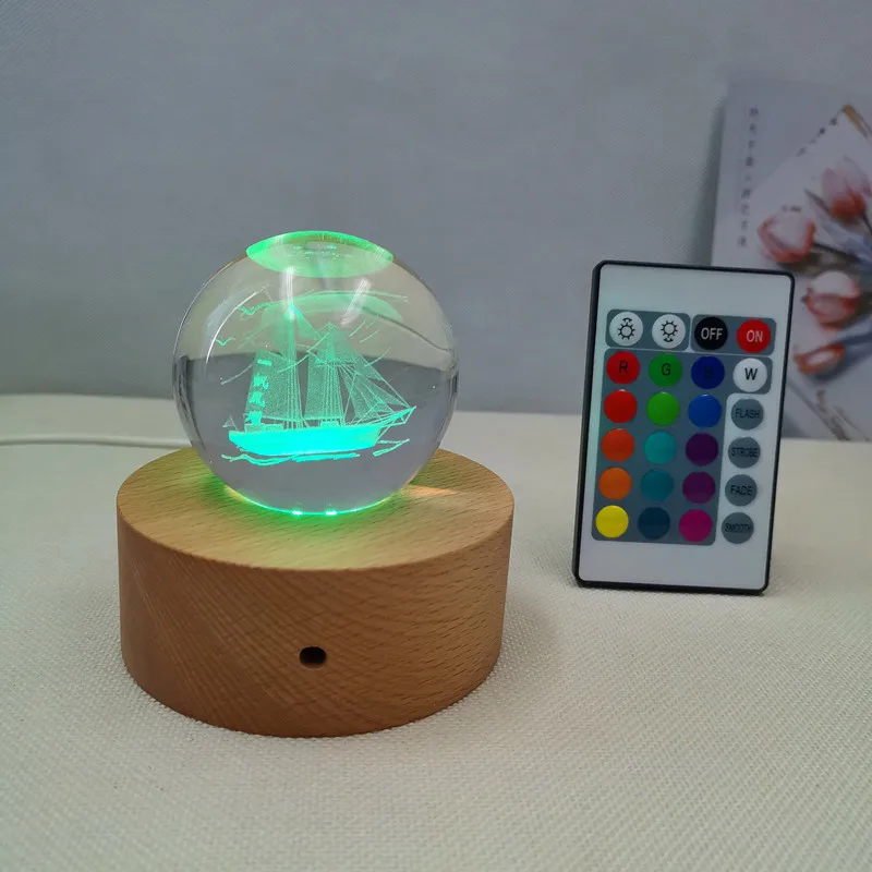 Usb Beech 3cm Base 3d Crystal Ball Crafts Night Light Customized Led Nightlight Remote Control Colorful Solid Wood 3d Led Lamp